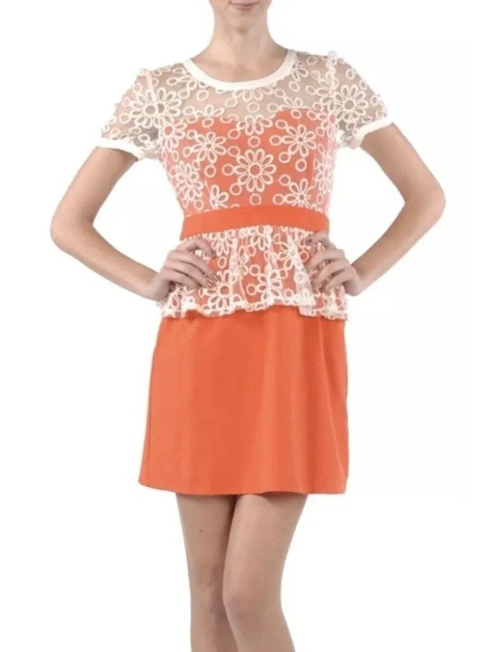 A'Reve Orange and Ivory Floral Lace Peplum Dress Size Small